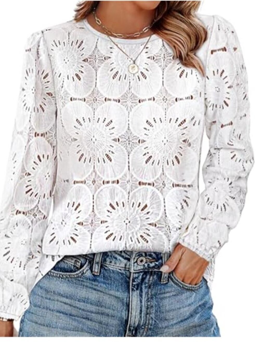 Women's White Floral Lace Blouse Dressy Casual Puff Sleeve Boho Work Top